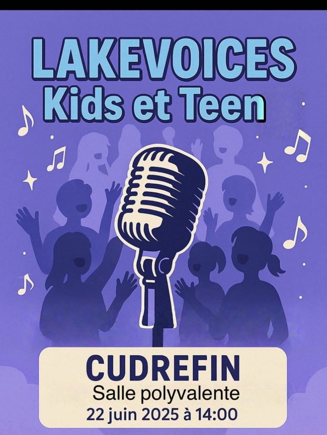 Nous vous donnons rendez-vous ce dimanche 22 juin à la salle polyvalente de Cudrefin pour soutenir nos jeunes choristes : enfants & ados. Ils vous présenteront le spectacle qu’ils préparent sans relâche depuis plusieurs mois.

L’entrée est libre, venez nombreux !

#chorale #cudrefin #lakevoices
